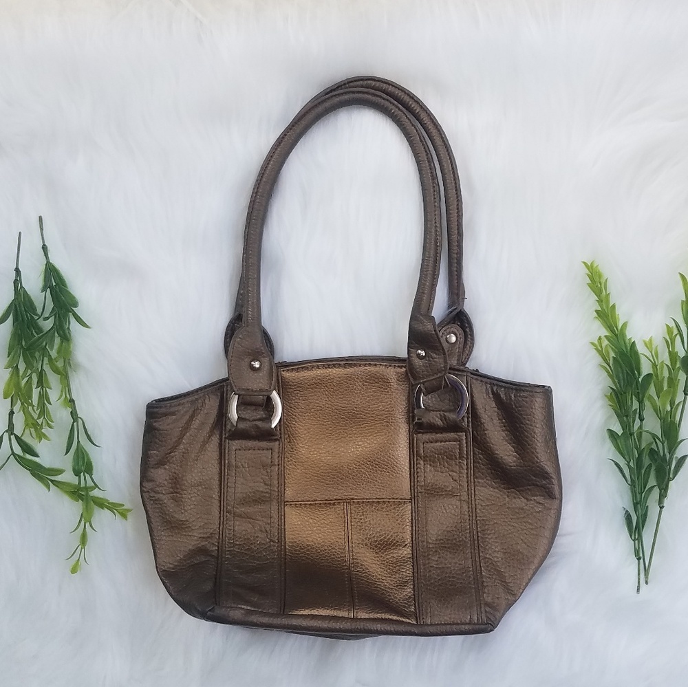 Metallic bucket purse in bronze